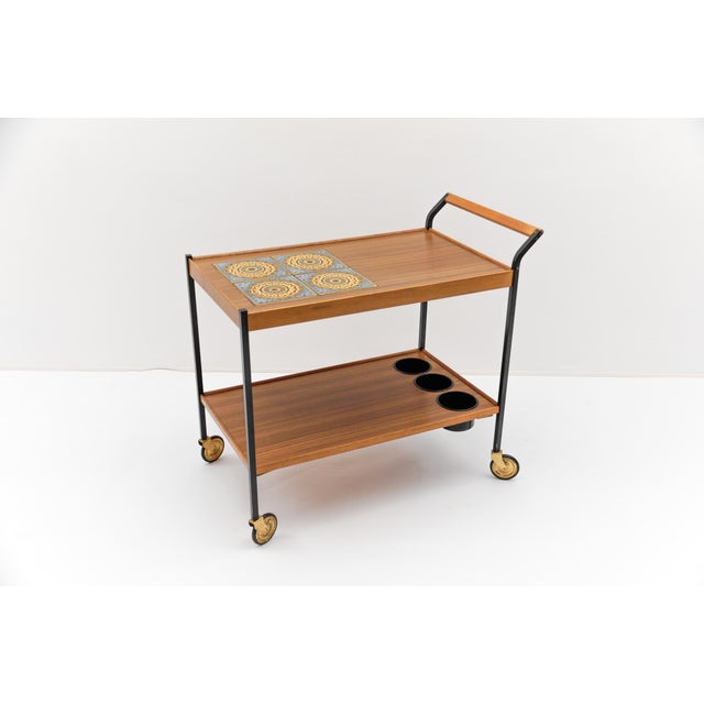 Mid-Century Modern Vintage Walnut and Ceramic Serving Trolley, 1960s For Sale - Image 3 of 12
