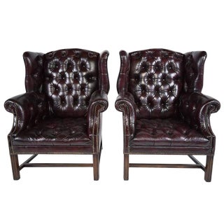 Pair of Traditional Chesterfield Leather Wingback Chairs For Sale