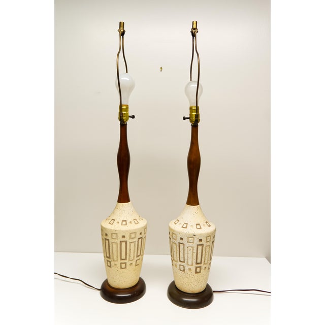 Mid Twentieth Century Modern Table Lamps Ceramic and Walnut - a Pair For Sale - Image 4 of 9