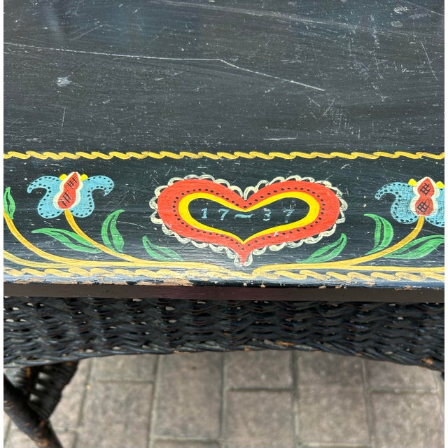 Antique 1940’s Pennsylvania Dutch Wicker and Wood Writing Desk With Handpainted Hex Signs For Sale - Image 4 of 9