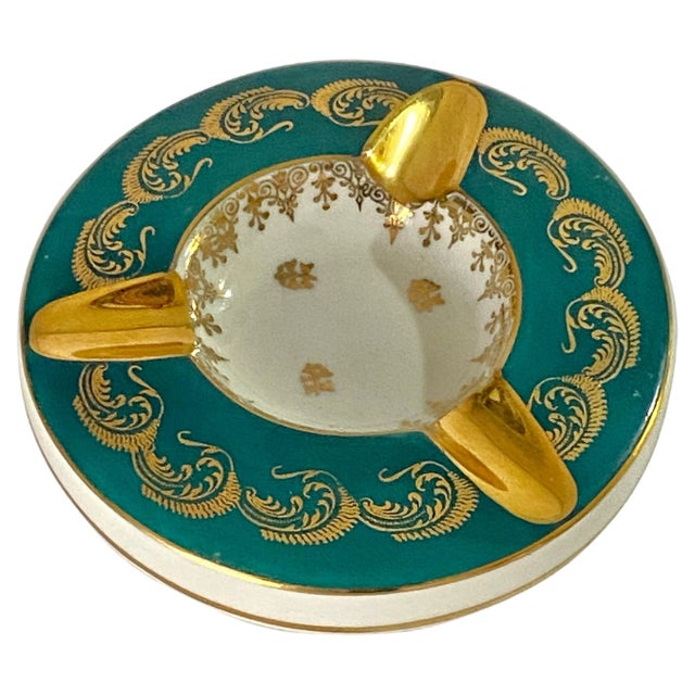 Green and Gold Limoges Porcelain Ashtray, France, Early 20th Century For Sale