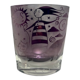 2003 Leandra Drumm Amethyst Etched Art Glass Girl & Cat Vase Signed 8″ For Sale