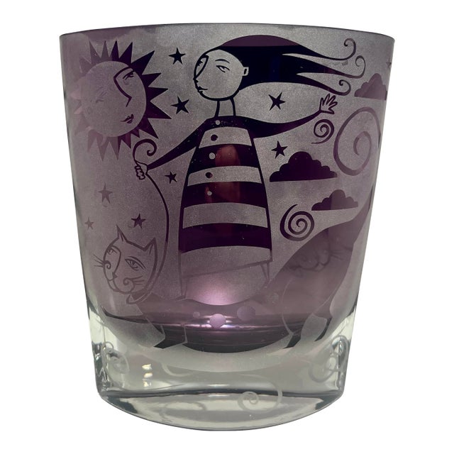 2003 Leandra Drumm Amethyst Etched Art Glass Girl & Cat Vase Signed 8″ For Sale