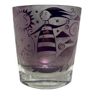 2003 Leandra Drumm Amethyst Etched Art Glass Girl & Cat Vase Signed 8″