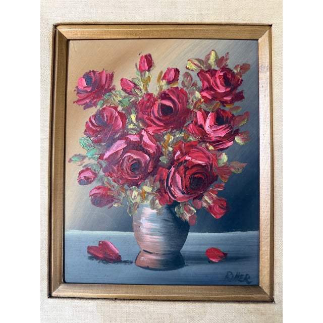 1970s Vintage Riher Red Roses Floral Still Life Oil Painting on Masonite – Framed For Sale In Miami - Image 6 of 9