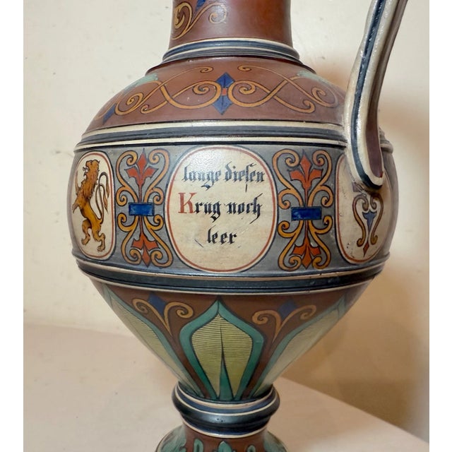 Huge Antique Handmade Armorial German Painted Pottery Beer Pitcher Stein Ewer For Sale In New York - Image 6 of 18