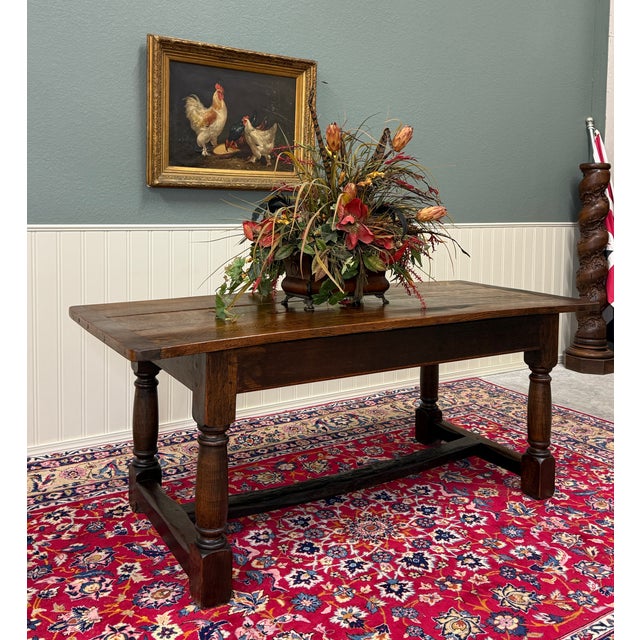 Brown Antique English Country Farm Dining Breakfast Table Farmhouse 75" Wide Oak 19thC For Sale - Image 8 of 16