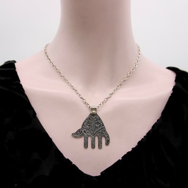 Metal Vintage Berber Hand of Fatima/ Hamsa Sterling Silver Pendant With Abstract Foliate Motif For Sale - Image 7 of 9