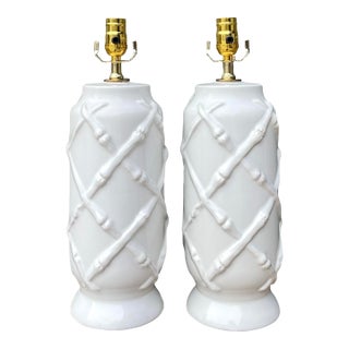 Vintage Bamboo Trellis Glazed Ceramic Lamps For Sale