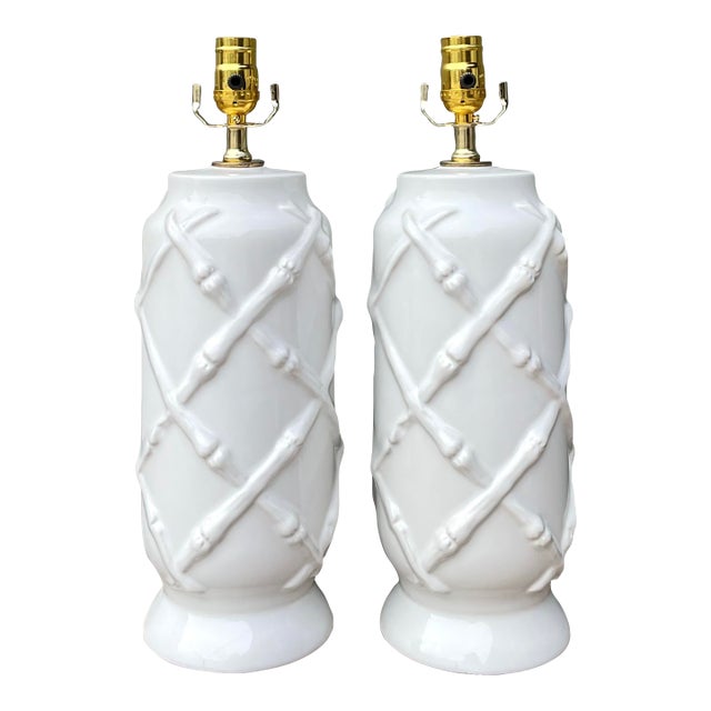 Vintage Bamboo Trellis Glazed Ceramic Lamps For Sale