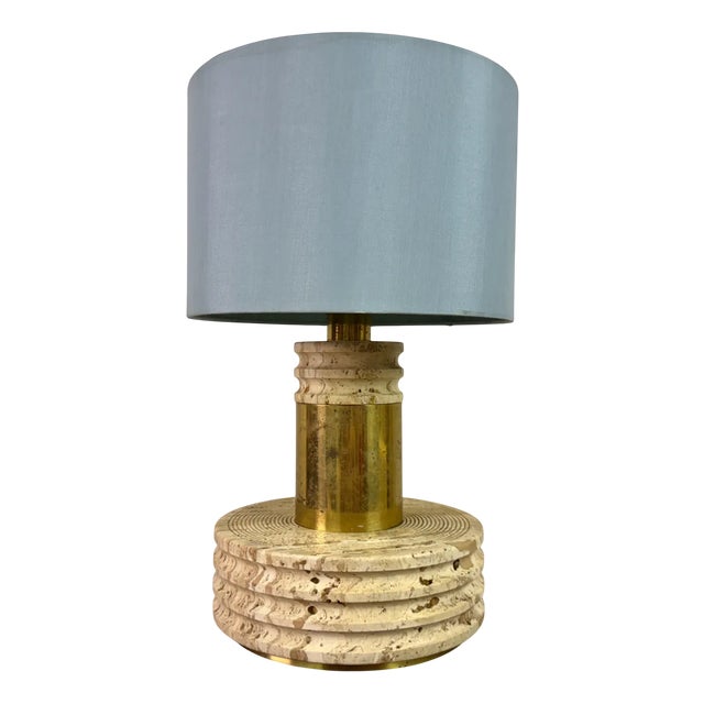Vintage Italian Travertine and Brass Table Lamp, 1970s For Sale