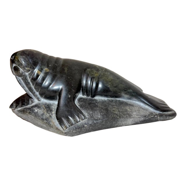 Large Vintage Carved Soapstone Canadian Walrus Seal Eskimo Sculpture Inuit 35451 For Sale