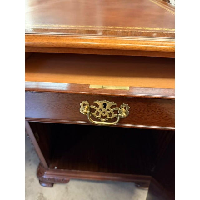 Burgundy Mid-20th Century Chippendale Style Mahogany Partners Executive Desk With Embossed Leather Top, Circa 1950s For Sale - Image 8 of 18