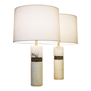 Pair Classic Hollywood Regency Modern Solid Carerra Marble Column Table Lamps 1960 Robsjohn Gibbings Italy
