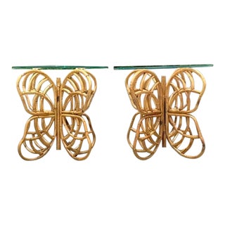 Vintage Coastal Bent Rattan Butterfly Side Tables - a Pair For Sale