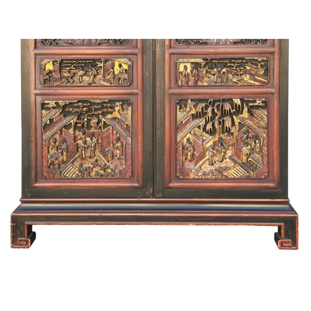 Black Vintage Oriental Black Red Gold Scenery Carving Storage Cabinet For Sale - Image 8 of 10