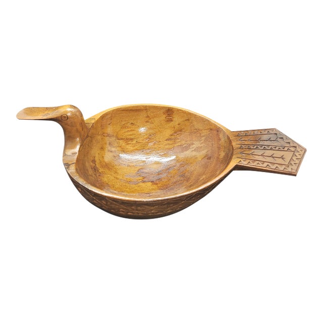 Vintage Swedish Scandinavian Folk Art Birch Kåsa Duck Head Bowl With Chip Carving, For Sale