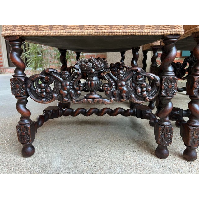 Brown Set 4 Tall Antique French Dining Chairs Barley Twist Renaissance Carved Oak 1890 For Sale - Image 8 of 18
