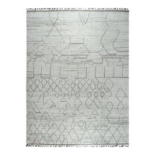 9x12 Ivory Hand-Knotted Wool Linear Diamond Grid Tribal Modern Carpet Rug For Sale