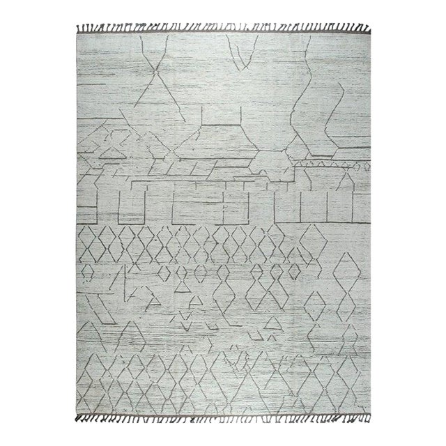 9x12 Ivory Hand-Knotted Wool Linear Diamond Grid Tribal Modern Carpet Rug For Sale