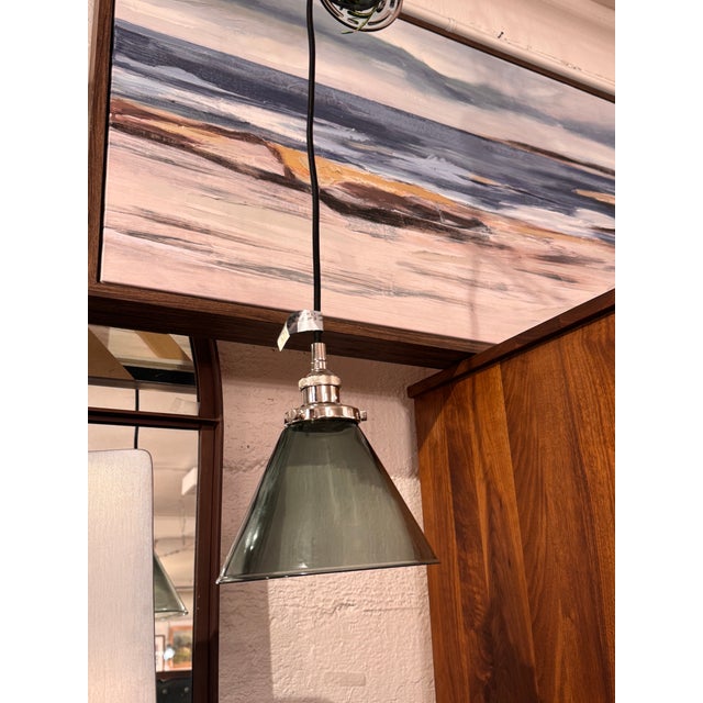Glass Restoration Hardware 20th C. Factory Filament Smoke Glass Barn Pendant For Sale - Image 7 of 14