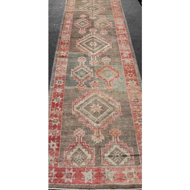 Taupe Turkish Oushak Runner With Coral Red and Taupe Geometric Medallion Design For Sale - Image 8 of 12