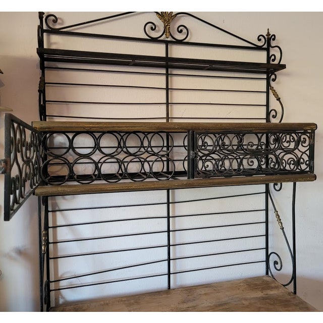 7.5 Feet Tall Wrought Iron Wine Baker’s Rack With Butcher Block Shelf by French Perfit Fils Ltd. For Sale - Image 4 of 18