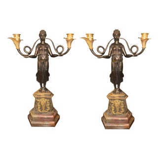 Pair of French 19th Century Empire Style Bronze, Ormolu & Marble Candelabras. For Sale