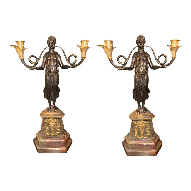 Pair of French 19th Century Empire Style Bronze, Ormolu & Marble Candelabras. For Sale