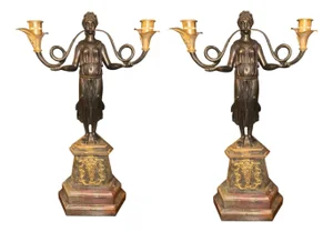 Pair of French 19th Century Empire Style Bronze, Ormolu & Marble Candelabras.
