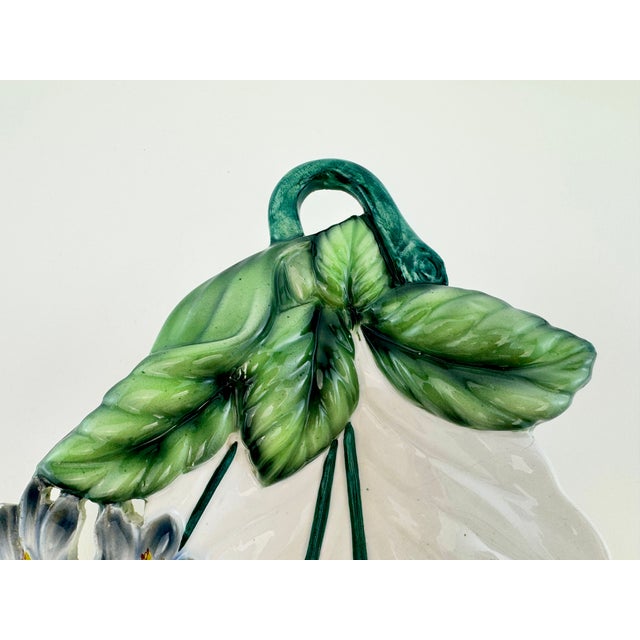 Rustic European Vintage Italian Majolica Style Ceramic Violet Flower and Leaf Dish For Sale - Image 3 of 11