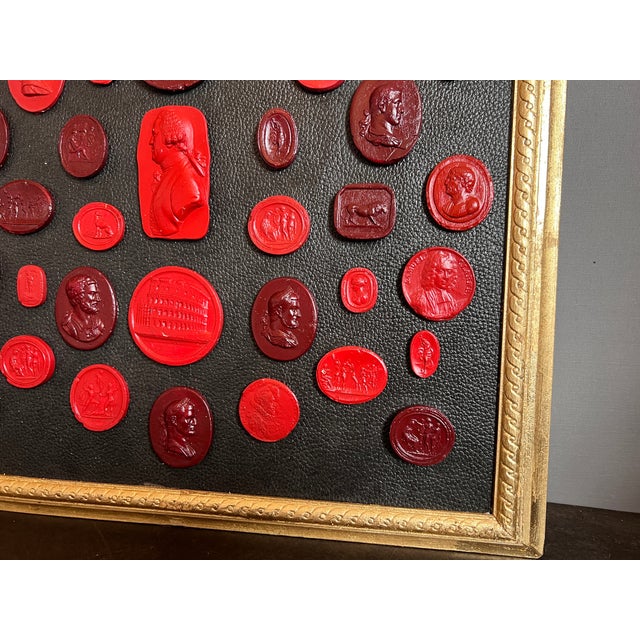 #156 Grand Tour Revival Waxed Red Intaglio Arrangement on the Leather in Gilt Frame For Sale - Image 9 of 12