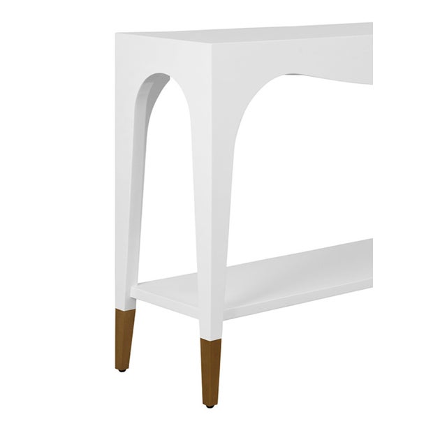 Metal Matthew Izzo Home Glossy Laverne White Lacquer Two Tier Console Table With Antique Brass Feet And For Sale - Image 7 of 8