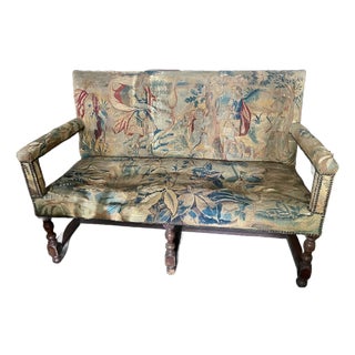 19th C Settee With Distressed Angel Fauna Tapestry Loveseat Bench Sofa For Sale