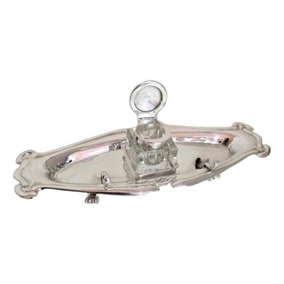 Antique Art Nouveau Sterling Silver & Cut Glass Inkwell Standish, 1912 For Sale