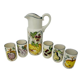 Mid-Century Japanese Hand-Painted Fruit Relief Pitcher & Tumbler Set - 6 Pieces For Sale