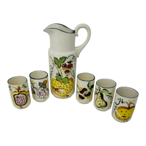 Mid-Century Japanese Hand-Painted Fruit Relief Pitcher & Tumbler Set - 6 Pieces