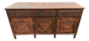 1990s Distressed Rustic Burn Orange 4 Doors Sideboard Buffet