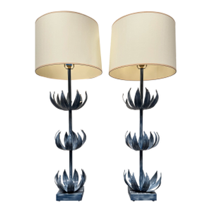 Late 20th Century Pair of Hand Painted Palm Leaf Lamps