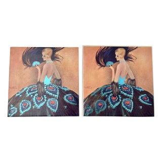 Art Deco Decorative Tiles with Madame Peacock by Gilbert Rumbold, 1980s, Set of 2 For Sale