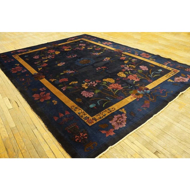 1920s Antique Chinese Art Deco Carpet ( 8'9" X 11'6" - 266 x 350 ) Floral pattern with Navy background. Chinese - Art Deco...