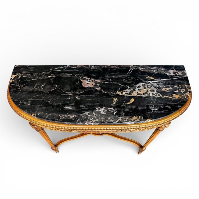 Mid-20th Century Louis XVI Style Demilune Console Table in Bleached Mahogany With Portoro Nero Marble Top For Sale - Image 4 of 11