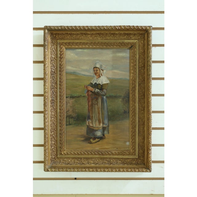 Paint Antique Framed Oil Painting on Board ~ Woman Knitting For Sale - Image 7 of 7