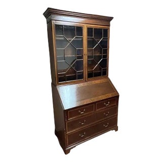 Early 19th Century George III Style Inlaid Mahogany Two Part Slant Front Bureau Bookcase With Key.. For Sale