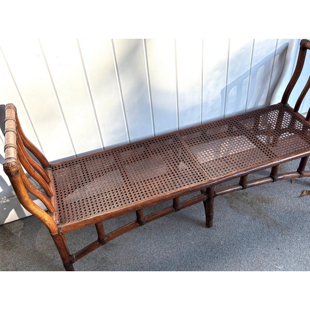 Wood Brown Rattan Caned Long Bench W/ Cusion For Sale - Image 7 of 8