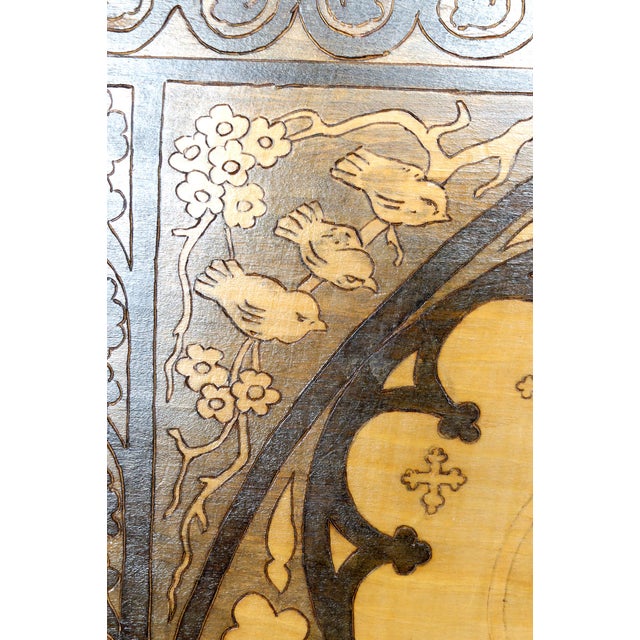 Art Nouveau Pyrography Panel with Religious Theme of St. Francis Speaking to the Birds, Early 20th Century For Sale - Image 14 of 17