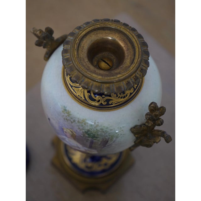 Pair Sevres Vintage Porcelain Decorated Lidded Urns For Sale - Image 11 of 12
