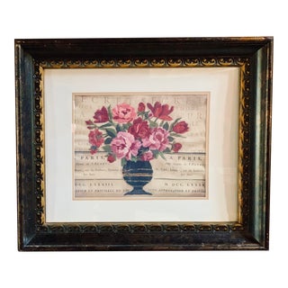 Vintage Embroidered Folk Art of a Vase of Roses on a Textile Printed With French Text, Framed For Sale