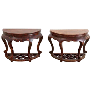 Chinese Hardwood Carved Demilune Tables - a Pair