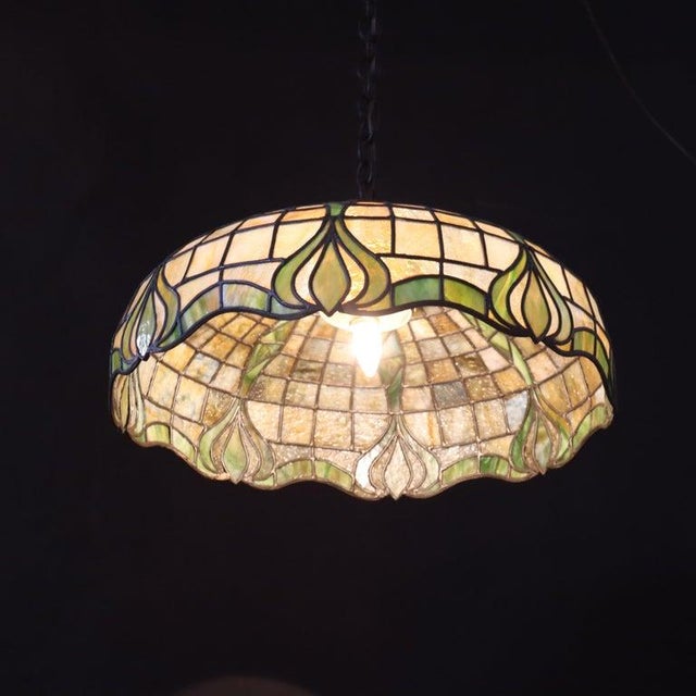 Gold 1910s Duffner & Kimberly Attr Arts & Crafts Leaded Stained Glass Hanging Light For Sale - Image 8 of 11